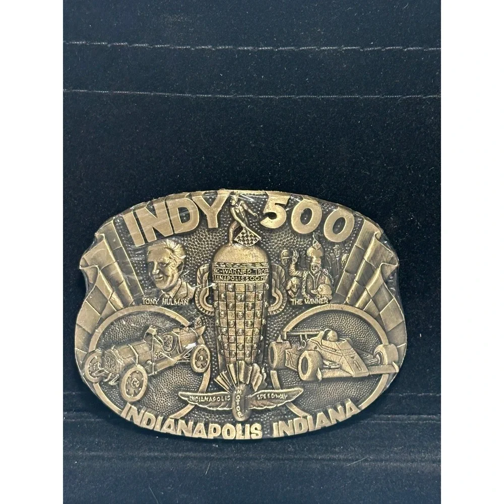 Vintage Indy 500 Solid Brass Belt Buckle Tony Hulman Borg Warner Trophy ADM NEW